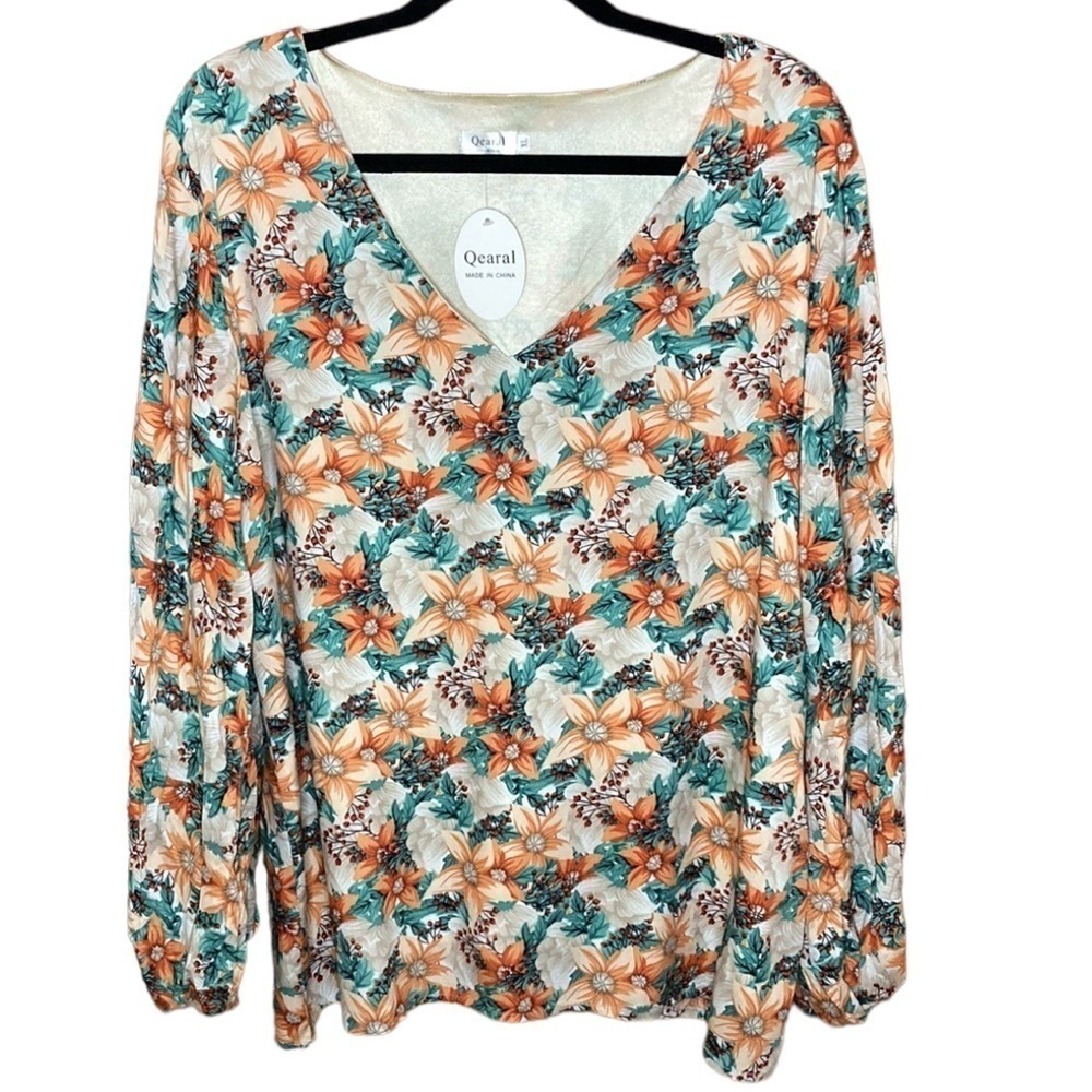 Qearal | NEW Tangerine Floral Blouse Long Sleeve V-Neckline XL